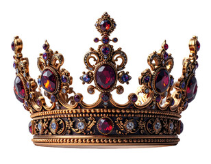 Ornate gold crown with ruby and sapphire jewels, opulent design