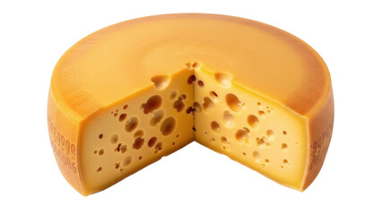 Isolated cheese wheel section with holes, a wedge cut out, and some rind; close up view