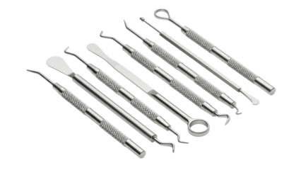 Stainless Steel Dermatology Tools Arrayed Against Black Background