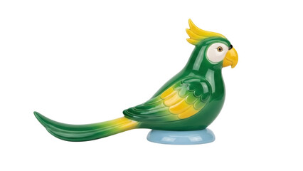 Isolated decorative parrot figure, green and yellow ceramic cockatoo on blue display stand
