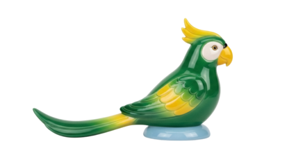 Isolated decorative parrot figure, green and yellow ceramic cockatoo on blue display stand