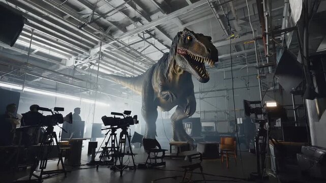 Dinosaurs on a movie set. Dinosaur movie.
