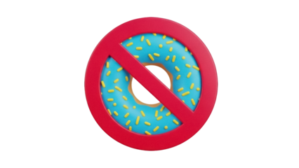 Isolated Donut with prohibition sign, unhealthy lifestyle, no sugar, warning about diabetes