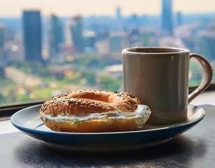 Bagel and coffee breakfast overlooking city skyline