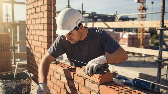 Skilled worker laying red brick wall on active sunny job site.