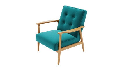 Obraz premium Isolated teal-fabric armchair with wooden frame for modern living room furniture design