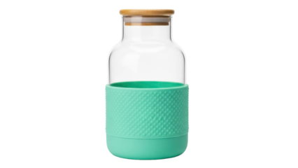 Isolated Empty Glass Jar with Teal Textured Sleeve and Wooden Lid for Kitchen Storage