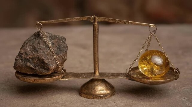 A vintage brass balance scale balancing a rough rock on one pan and a yellow gemstone on the other.