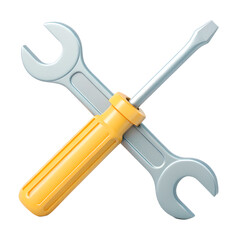 3D illustration of a screwdriver and wrench crossed in a symbol of repair tools and technical support