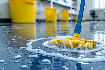 Cleaning office floor with mop and soapy water