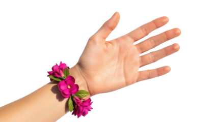 Isolated Woman's arm with flowers as a bracelet, on a hand reaching out to the viewer