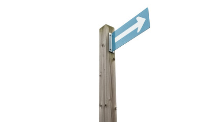 Isolated direction sign pointing right, directional signage, wood post, outdoor trail marker