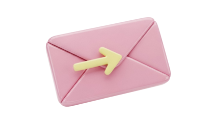 Isolated email icon, pink envelope with arrow. Send, receive, message delivery idea