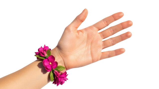 Isolated Woman's arm with flowers as a bracelet, on a hand reaching out to the viewer