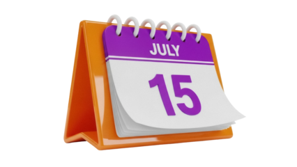 Isolated desk calendar reminding about July 15th date in bright purple and orange colors