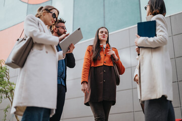 A small group of colleagues gathers outside a modern office facade. A woman in an orange coat speaks to the others, while coworkers hold tablets and folders.