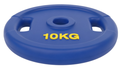 Isolated blue 10kg rubber weight plate fitness equipment for strength training indoors studio
