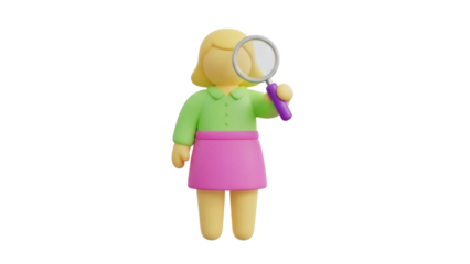 Isolated girl holding magnifying glass, investigation and search concept, 3D rendering