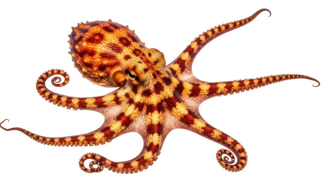 Isolated orange octopus with brown spots and eight tentacles curled on a bright stage