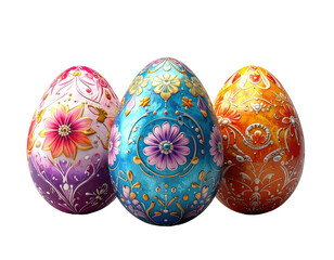 Three vibrantly decorated Easter eggs in intricate floral patterns