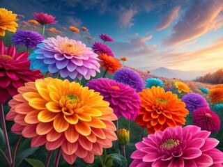 A beautiful bouquet of colorful asters with pink, purple, yellow, and red petals blooming like daisies in a garden