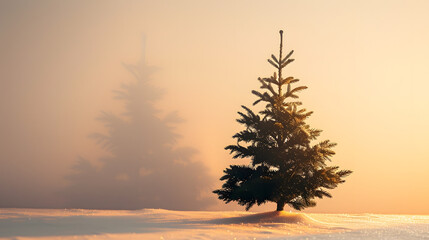 Single evergreen Christmas tree standing on snow in soft morning light, minimal winter scene with calm atmosphere and large copy space.