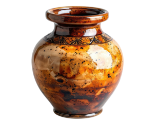 Pottery vase with glazed finish, speckled design, isolated on black