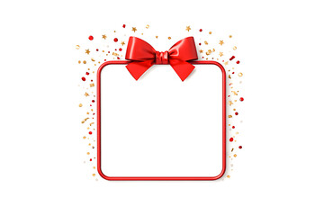 Rounded red gift frame with satin bow and gold star confetti for christmas marketing or seasonal holiday sale social media post realistic 3d mockup