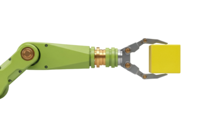 Isolated robot arm with yellow cube, automation concept for logistics and manufacturing
