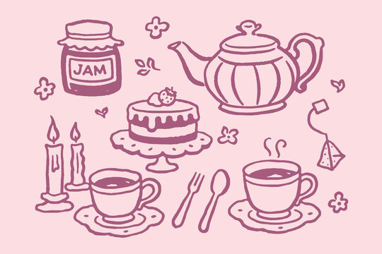 Tea set cake jam doodle sketch vector illustration