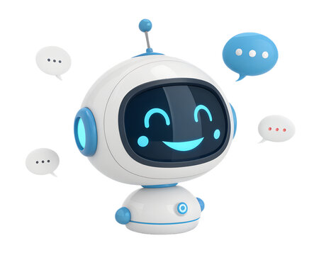 3D smiling chatbot robot with glowing face and message bubbles for digital communication support