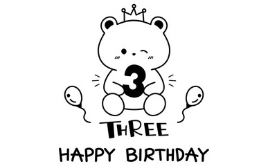3歳の誕生日をお祝いするくまの線画手描きイラスト Happy Birthday Three
