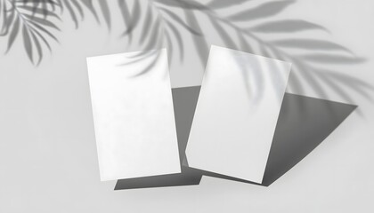 Two blank flyers floating with tropical leaf shadows for presentation mockup