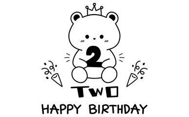 2歳の誕生日をお祝いするくまの線画手描きイラスト Happy Birthday Two