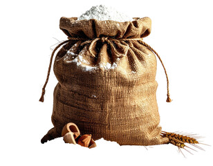 A burlap sack brimming with white flour, spilling with a wheat stalk and nuts