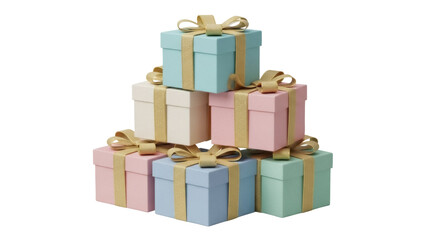Obraz premium Isolated stack of pastel-colored present boxes with gold ribbons and bows for celebrations