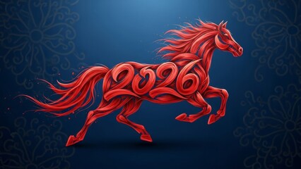 Red calligraphy horse with 2026 formed on body, galloping across a dark blue background with decorative swirls.