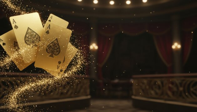 Golden ace of spades cards float amidst glittering bokeh lights, Casino gambling entertainment portraying game play chance within dynamic celebration party