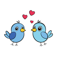 Two cute cartoon birds face each other, sharing smiles as colorful hearts float around them, creating a sweet, playful scene full of love and cheerful charm.
