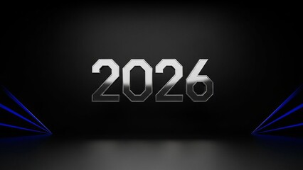 Shiny metallic 2026 numerals with glowing blue laser lights and a dark reflective surface.