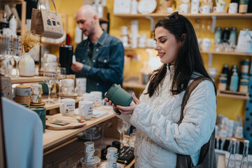 A woman in a white jacket examines a ceramic mug in a bright gift shop. A man browses items on shelves in the background among pottery and decor.