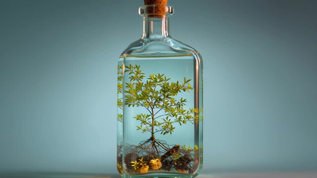 transparent bottle with tiny tree sprouting inside, surreal eco concept