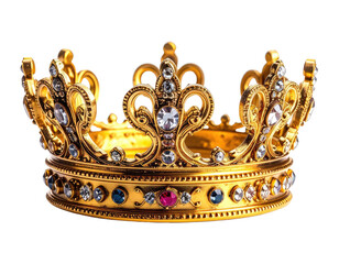 Ornate gold crown with sparkling jewels, set against a black background