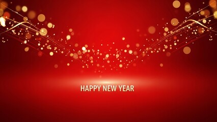 Festive red background with golden bokeh and sparkling light swirls, text overlay HAPPY NEW YEAR.