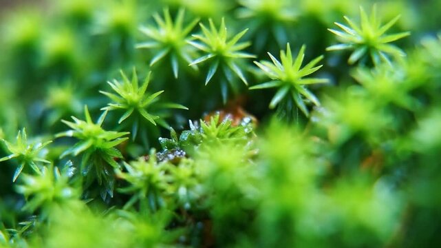 Close-up of bright green star moss with star-shaped rosettes of leaves.