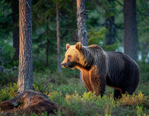 Fototapeta premium Majestic Brown Bear illuminated by golden hour light in a Finnish boreal forest