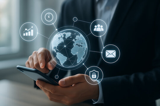 Professional accessing global business network and secure communication services on mobile device with virtual interface - Powered by Adobe