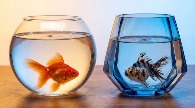 Two Ryukin Goldfish in Contrasting Fish Bowls