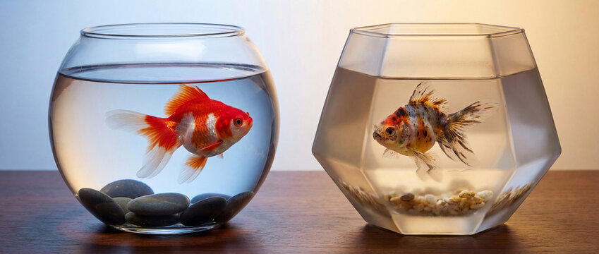 Two Ryukin Goldfish in Contrasting Fish Bowls