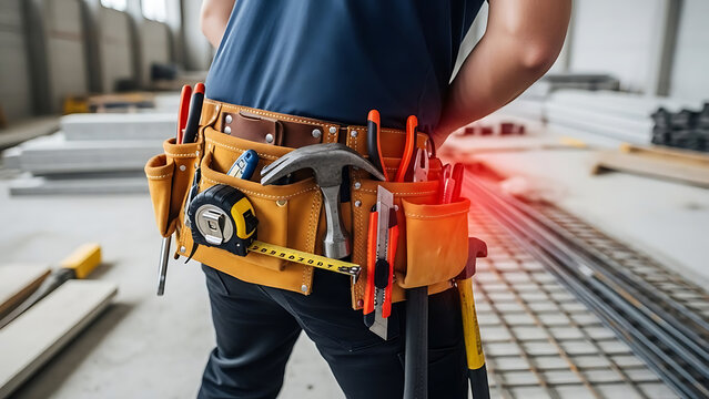 Construction worker with tool belt experiencing lower back pain on a job site, highlighting occupational injury.